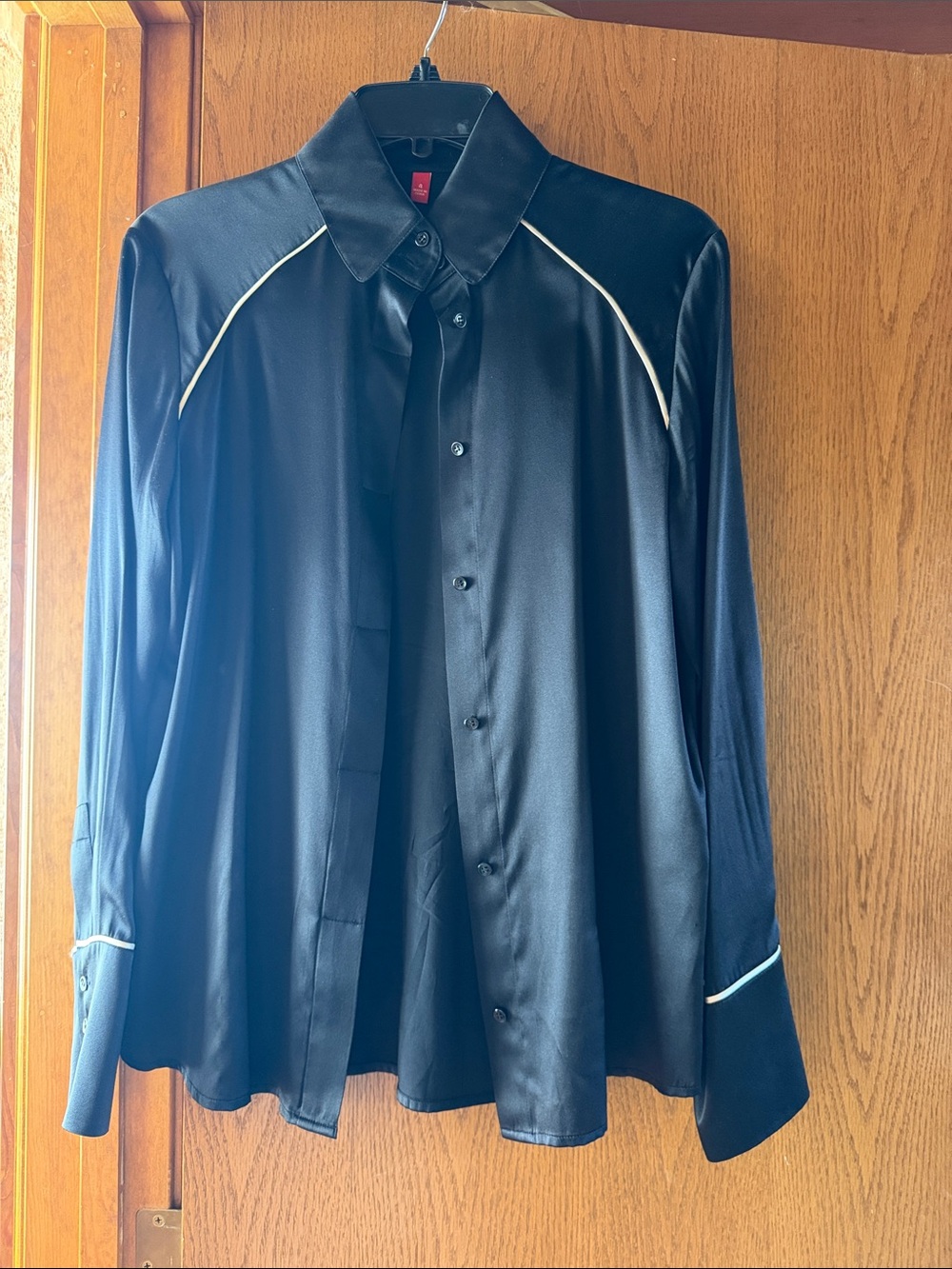 Vintage Anne Klein Black Satin Button-Down Blouse with White Piping
